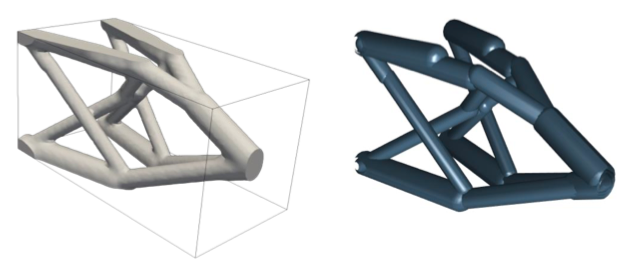 Figure shown 3-dimensional cantilever beam made of bars with a reliability constraint on structural compliance.